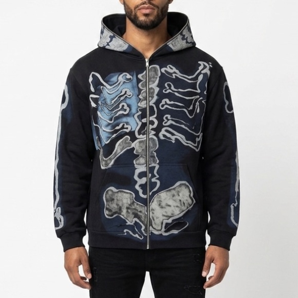 Cactus Jack x Fragment Travis Scott Skeleton Zip Hoodie Black Sweatshirt Size L
